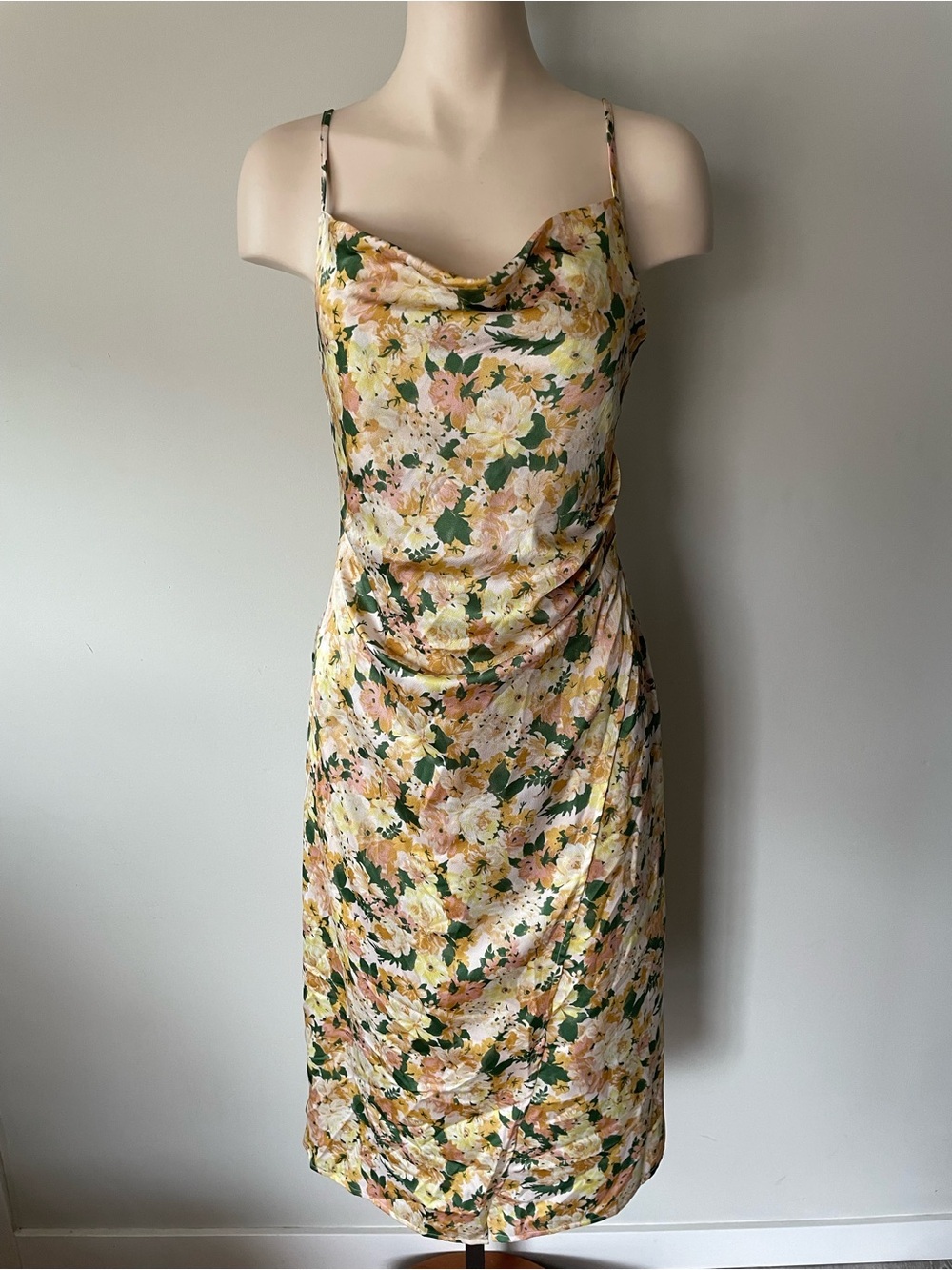 INMOD Satin Floral Faux Wrap Midi Slip Sun Dress Cowl Neck Small